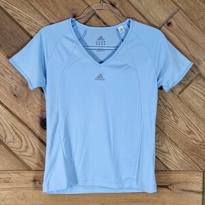 Adidas V-Neck Athletic Shirt Womens Small Short Sleeve Mesh Panel Blue P54907